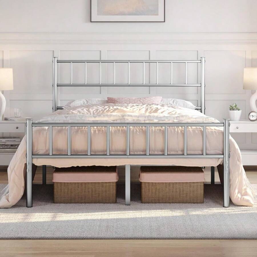 Single Metal Bed Frame Modern Style Bed Frame With Headboard And Footboard, Solid Slatted Base Black - Silver - View 1