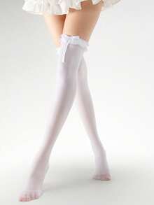 1 Pair Bow Lace Over The Knee Socks, Suitable For Wearing With Mini Skirts, Y2k - 白色 - 查看 11