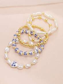 5PCS/Set Boho Style Blue And White Porcelain Faux Baroque Faux Pearl Beaded Golden Beaded Multi-Layer Bracelet Set, Suitable For Women Evening Party & Daily Wear For Woman Teen Girls Valentine's Day Summer Jewelry,Mom,Mother,Mother's Day Gift - Multicolor - View 4