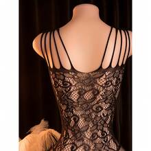 Women's Lace Bodysuit With Socks - Elegant Floral Lace Design, Hollow Floral Pattern, High Neck And Long Sleeves, Hand Washable, Parties - Black - View 5