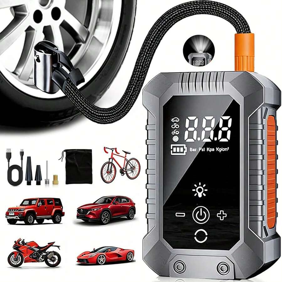 Mini Tire Inflator With Digital Pressure Gauge, Portable Air Compressor, Smart Car Tire Inflator, 150 PSI, With Emergency Light, Suitable For Car/Motorcycle/Bicycle/Balls. 7.4V 1800mAh Lithium-Ion Battery