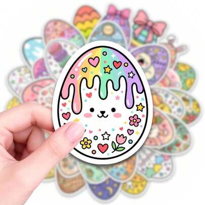 50 PCS Cute Easter Egg Stickers, Colorful Cartoon Bunny & Dripping Rainbow Design Waterproof Vinyl Decals, Fun Decorative Stickers For Easter Party Favors, Gift Bags, Scrapbooking, Journals, Laptops, Water Bottles, Phone Cases, Stationery, DIY Crafts, Holiday Decorations, Suitable For Teens, Adults, Party Hosts, Craft Enthusiasts, Gift Givers, Ideal For Easter Celebrations, Spring Events, Classroom Activities, Office Decor, Personalizing Everyday Items, Adding Festive Cheer To Any Space