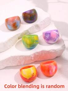 6件套不对称彩色多巴胺扎染树脂戒指，春夏假日叠戴首饰，适合日常、派对、节日佩戴 - 彩色 - 查看 3