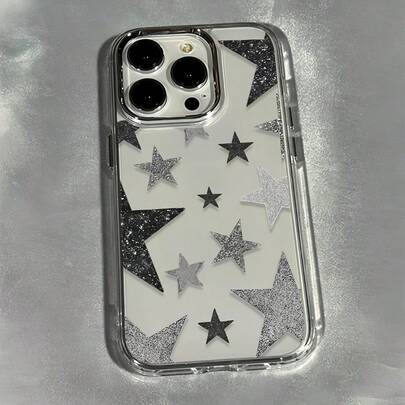 1 pieza Funda de teléfono con elemento estrellado minimalista de botón chapado en lujo y transparente, compatible con iPhone 16 Pro Max, 17/16/15/14 Plus, 13/12/11, Air