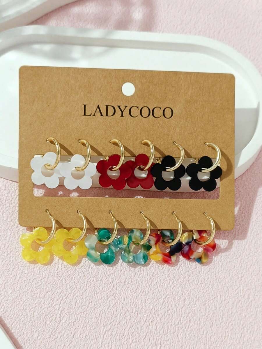 LADYCOCO 6對時尚可愛多色壓克力樹脂五瓣吊墜鐵製C型耳環套組，適合女性，約會、派對、禮物，結合四葉草元素與人體工學優化產品貼合度與尺寸，產品描述中提供詳細佩戴指南，展示真實佩戴照片，標示佩戴相容性