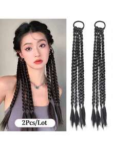 2pcs Fashionable Colorblock Elastic Braided Hair Bands, Ponytail Hair Extensions, Rainbow Color Hair Ties, Boxer Braid Synthetic Hair Extensions, Ombre Hair Scrunchies, Suitable For Women, Girls And Kids For Daily And Party Decor, Length 45cm - Multicolor - View 15