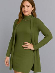 Winter Set: Cardigan + Tank Dress With Lace Collar - Army Green - View 5
