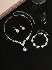 女士时尚玫瑰金/黄金首饰套装，锆石项链和耳环 - 501796銀色套裝-HB - 查看 4