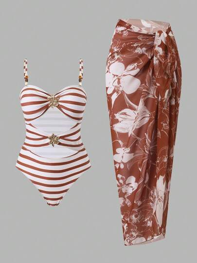 Nuevo conjunto de 2 piezas de estilo europeo y americano, de corte ajustado, con estampado de rayas vintage, sexy y calado, falda midi, adecuado para spa, playa y vacaciones