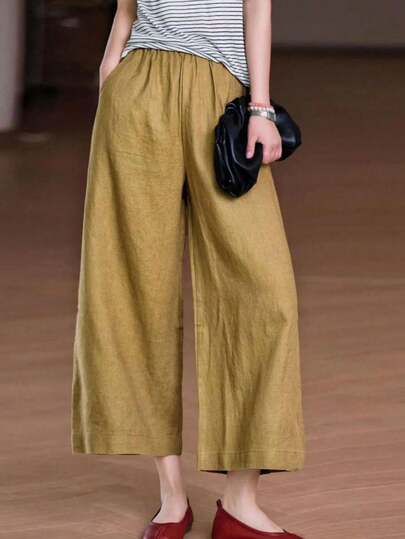 กางเกงขายาวผ้าลินินเอวยางยืดสีพื้นสไตล์โบฮีเมียนลำลองสำหรับผู้หญิงฤดูร้อน