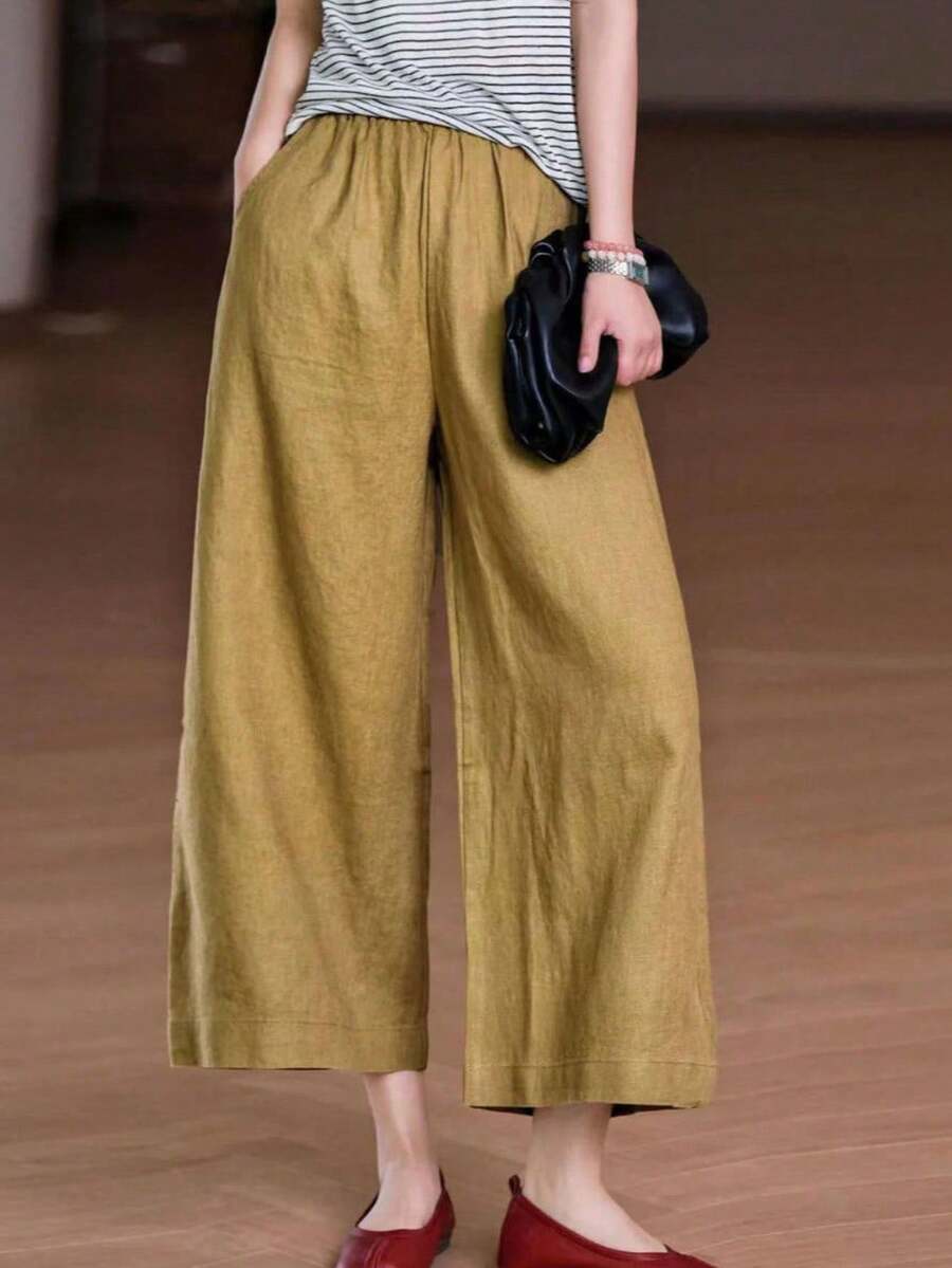 女士夏季休闲波西米亚风纯色弹力腰带口袋亚麻阔腿裤 春季 - 芥末黃 - 查看 1