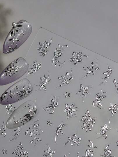 1 pieza Pegatina de arte de uñas 5D en relieve con pétalos florales plateados, elegante decoración de hojas para uñas