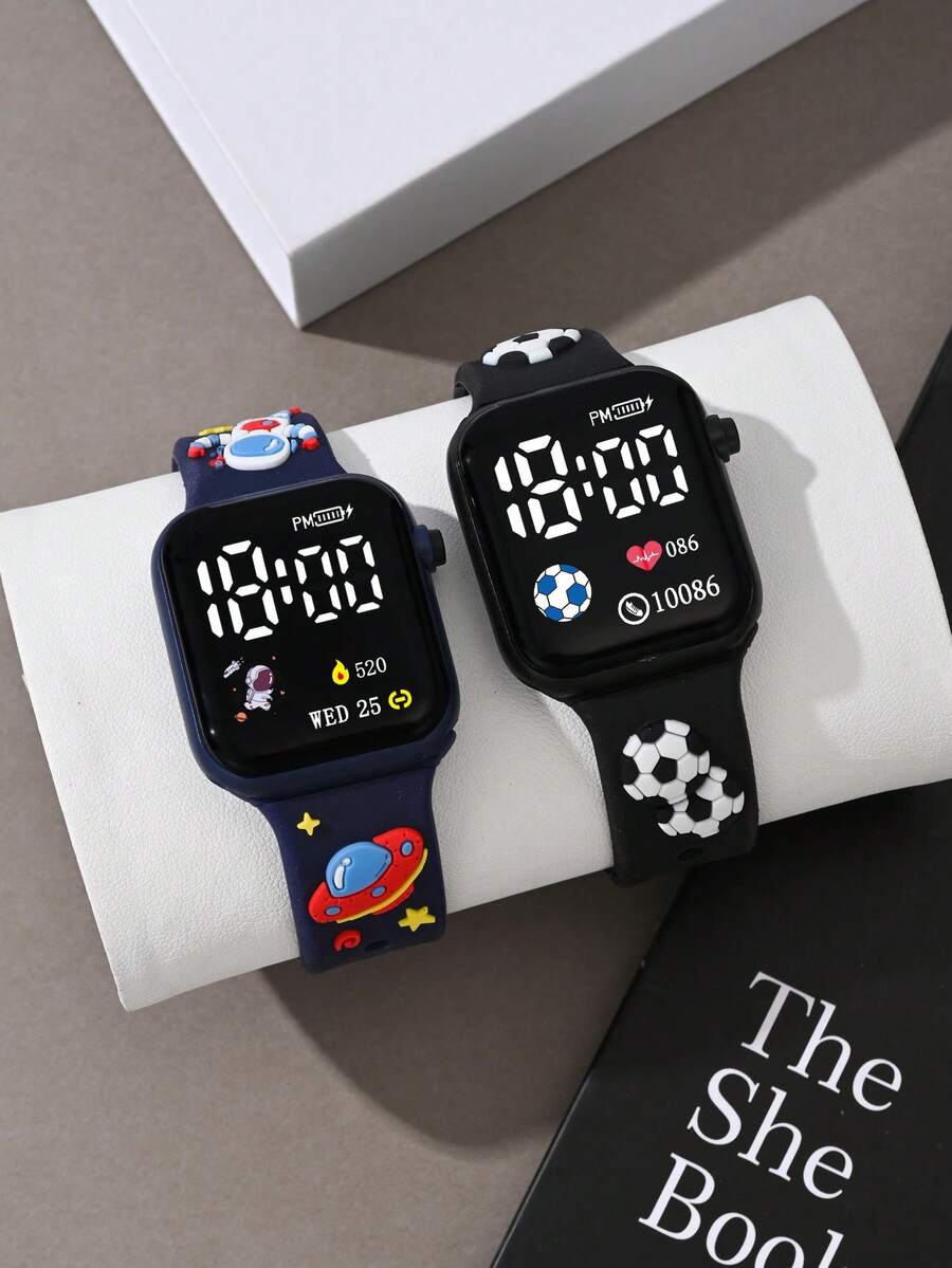 2 Stücke Jungen-Mädchen Mode Klassisch Astronaut Weltraum Fußball Digital Quadrat LED Kinder Armbanduhr. Geeignet zum Tragen während der Schulöffnungszeit. Armband Elektronische Uhr. Geeignet für den täglichen Gebrauch, Sport, Schulveranstaltungen und Reisen. Ideal als Geschenk für Freunde, Geburtstage, Abschlusszeit. Das perfekte Geschenk für Jungen und Mädchen. - Verschiedenfarbig - Übersicht 1