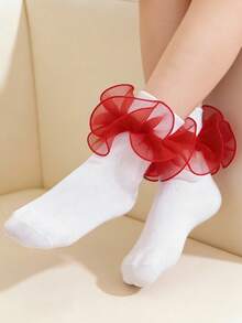1 Pair Children/Toddler Solid Color Ruffle Trim Mid-Calf Socks, Versatile For School Uniform - Red - View 3