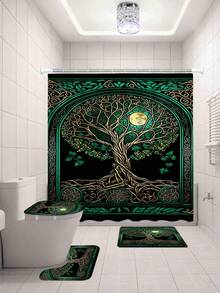 1件/4件套绿色藤蔓月光图案浴室地垫套装，包括浴帘、马桶盖套、防滑地毯、浴室地垫、防水浴帘和12个C型塑料挂钩 - A - 查看 15