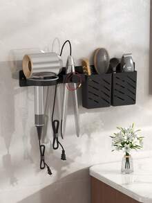 1 pieza Soporte de pared para herramientas de peinado, estante multifuncional para secador de pelo, organizador de salón para secador, plancha, rizador, almacenamiento de baño para cosméticos, peines, cepillo de dientes, ahorrador de espacio - Negro - Ver 11