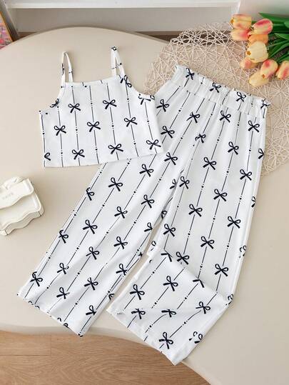 2pcs/Set Young Girl Contrast Stripe Bow Print Off-Shoulder Camisole & Elastic Waist Straight Leg Pants Set, Spring/Summer