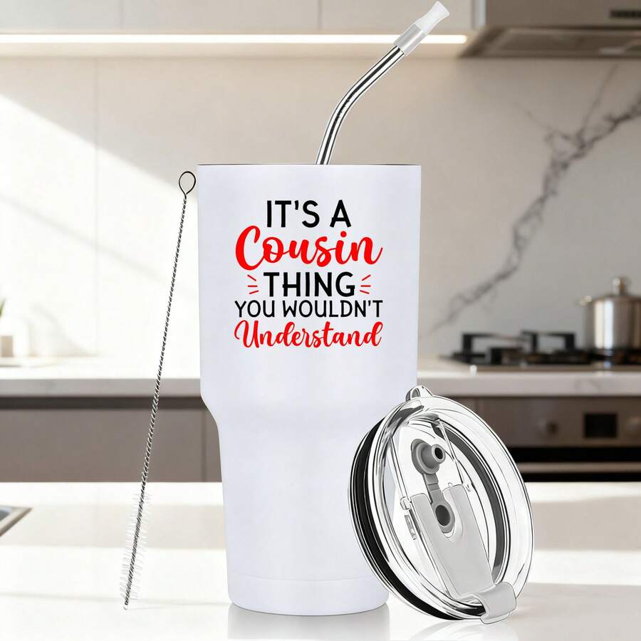 30oz Stainless Steel Tumbler Black White Options, It's A Cousin Thing You Wouldn't Understand Graphic Cups, Insulated Travel Coffee Mug With Lid And Straw , Double Wall Vacuum Reusable Travel Cups, Funny Birthday Party Gift For Women & Men - 白色 - 查看 1