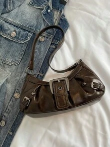 1pc Women Retro Biker Chic Studded Adjustable Strap Crossbody Bag, Large Capacity Soft Gradient Leather Shoulder/Underarm Bag, Suitable For Work, Dating, Parties, Vintage Bag For Women, Halloween Purse Perfect For Fancy Party Halloween Fashion & Gothic Fashion , Office Bag - 棕色 - 查看 3