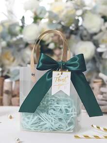 1/5/10pcs Premium Gift Bags, Thick Frosted Handbag With Ribbon & Thank You Card, Lavender Design, Christmas - Green - View 7