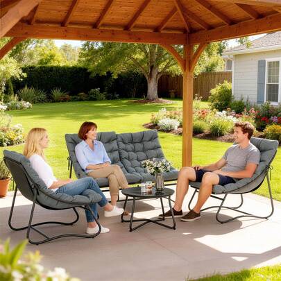 Outsunny 4 Piece Patio Furniture Set, Outdoor Furniture Set With Loveseat Sofa, 2 Chairs And Round Metal Table, Patio Conversation Set With Cushions For Garden, Backyard, Grey