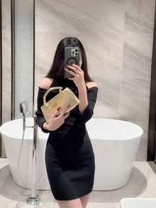 Dedoo 1个时尚金属装饰迷你手拿包，优雅闪亮金属条点缀女士手提包，适合晚礼服、派对、婚礼、舞会等场合，配有金属链 - 金色 - 查看 9