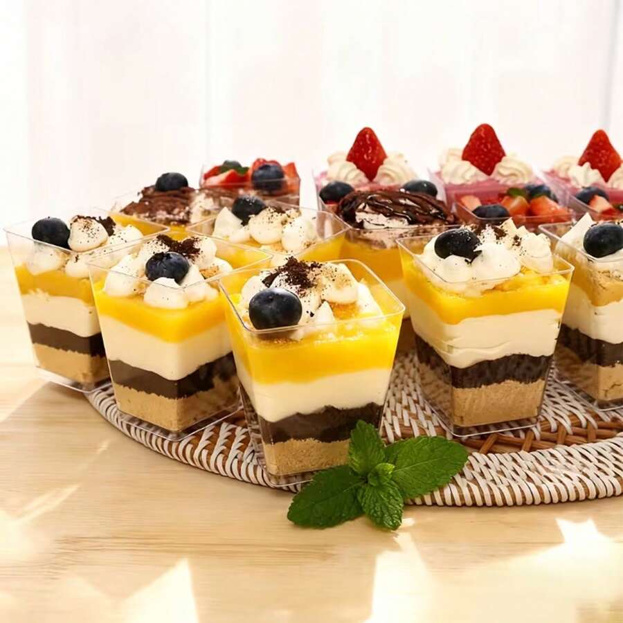 10/20pcs Transparent Angled Square Mini Dessert Cups With Spoons - Thick Plastic Small Drink Cups And Parfait Bowls, Stackable Reusable Ice Cream Cups, Suitable For Pudding, Party, Wedding, Tasting (3oz Capacity, Includes Spoons) - Clear - View 1