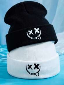 2pcs Couple Hats Funny Smiling Face Knitted & Embroidered, Women 2026 Autumn/Winter New Personalized Versatile Warm Ear Protection Beanies, Suitable For Easter And Daily Wear, Unisex - Multicolor - View 1