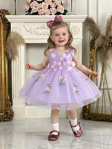 Baby Girls V-Neck 3D Floral Embroidered Mesh Princess Dress, Suitable For Birthday Party, Flower Girl, Wedding, Excluding Headband - 淡紫色 - 查看 4