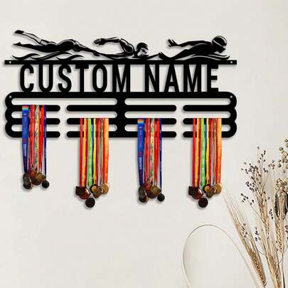 1pc Personalized Metal Swimming Medal Holder, Customized Wall-Mounted Sports Medal Rack With Name, Wall Decor For Living Room, Bedroom, Office, Also A Gift For Swimmers And Sports Enthusiasts, Customized Award Items