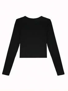 简约罗纹纽扣休闲开衫，百搭显瘦，韩版风格，春夏款 - 黑色 - 查看 2