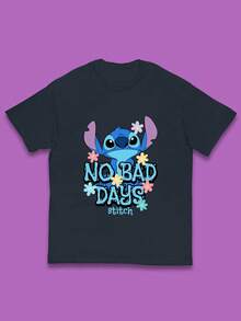 Disney Unisex Casual Round Neck Short Sleeve T-Shirt, Disney Lilo & Stitch No Bad Days Stitch Cartoon Character Ohana Stitch Lover Tee Top - Black - View 2