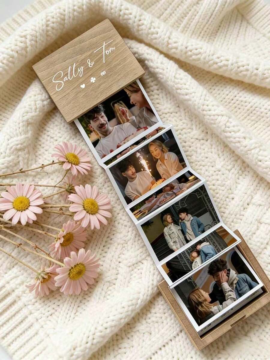 Personalized Wooden Accordion Photo Album - Customizable To Preserve Your Cherished Memories, Handcrafted From Natural Wood Memory Storage Box, Suitable For Family Photos, Couple Portraits, Travel Moments And Special Occasions. Foldable Photo Display Box, Can Be Engraved With Name/Initials, A Unique Handmade Gift For Anniversary - Multicolor - View 1