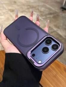 合金奢华磁吸半透明磨砂亚克力支架手机壳，兼容 17 Pro Max、Air 16、15、14、13、12、11 Pro Max Plus，支持磁吸无线充电，金属镜头支架，防震保护壳，办公商务礼品 - 紫色 - 查看 3