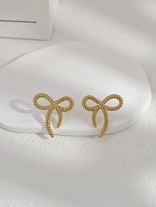 3 Pairs Assorted Gold-Tone Earring Set (Random Styles), Cute Bowknot, Star, Seashell Shaped Earrings, Made Of Stainless Steel, Hypoallergenic, Suitable For Daily Wear, Gifts For Valentine's Day, Birthday, Mother's Day, Thanksgiving, Vacation, Elegant Jewelry Accessories For Women And Girls, Also Suitable For Weddings, Fashionable And Versatile Casual Dress Matching - Gold - View 7