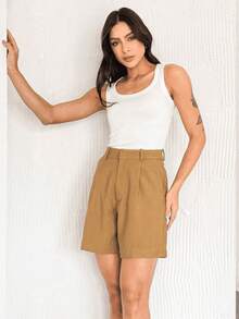 Women's Elegant Tailored Loose Fit Premium Shorts With Pockets, Marrant Fabric - 軍綠色 - 查看 1