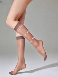 5 Pairs Brown Semi-Sheer Mid-Calf Socks For Women, Fashionable & Versatile, Suitable For Daily Wear, Comfortable & Warm - Multicolor - View 5