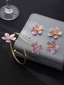 4 pièces/set Ensemble de bijoux floraux pour femmes, boucles d'oreilles mode haut de gamme, bague, bracelet, accessoires assortis, ensemble élégant de fleurs violettes - Prune - Voir 3