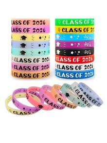 8pcs Class Of 2026 Silicone Bracelets – Reusable Graduation Wristbands With Fun Designs (Stars, Diploma, Cap & More) Glow At Night For Events, Parties, And Team Supplies – White/Red/Black/Multicolor Options - View 1