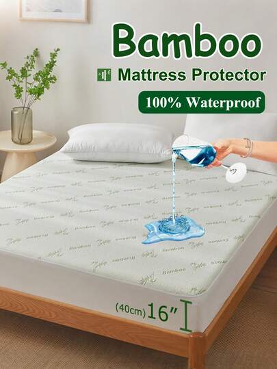16英寸竹纤维防水床垫保护套，柔软透气，适用于厚度达16英寸的床垫，提供全面保护