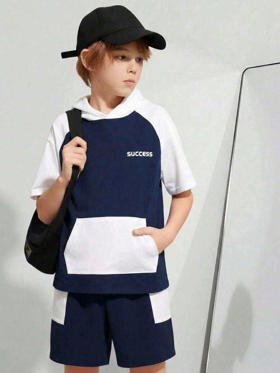 Boys' Casual Lightweight Hooded Sweatshirt & Shorts Set, Fashionable Color Block Printed Design, Suitable For Spring/Summer - Navy Blue - View 1