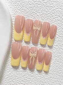 10Pcs Sweet Summer Style Handmade Press On Nail,Polygel Nail Set,Yellow Ribbon Bow,Yellow French Lace Trim,Yellow Nail Polish,Cute And Sweet Style,Includes Nail Tools,3 Sizes Available,Almond,Duck,Coffin Nails For Party,Dance,Daily Wear. - 彩色 - 查看 14