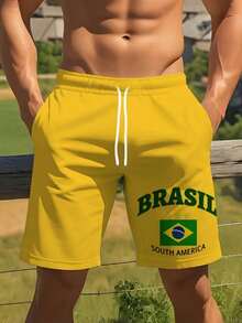巴西黄旗“BRASIL”男士休闲短裤，夏季街头风 - 彩色 - 查看 1