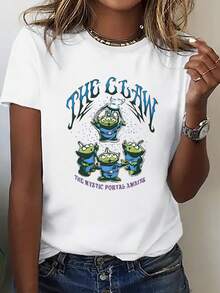 Disney Loose Fitting Toy Story Three Eyed Boy "THE CLAW THE MYSTICS PORTAL AWAITS" Printed T-Shirt, Suitable For Summer And Spring, Short Sleeved Tops, Women's Clothing, Holiday Gift Party Clothing. - 白色 - 查看 1