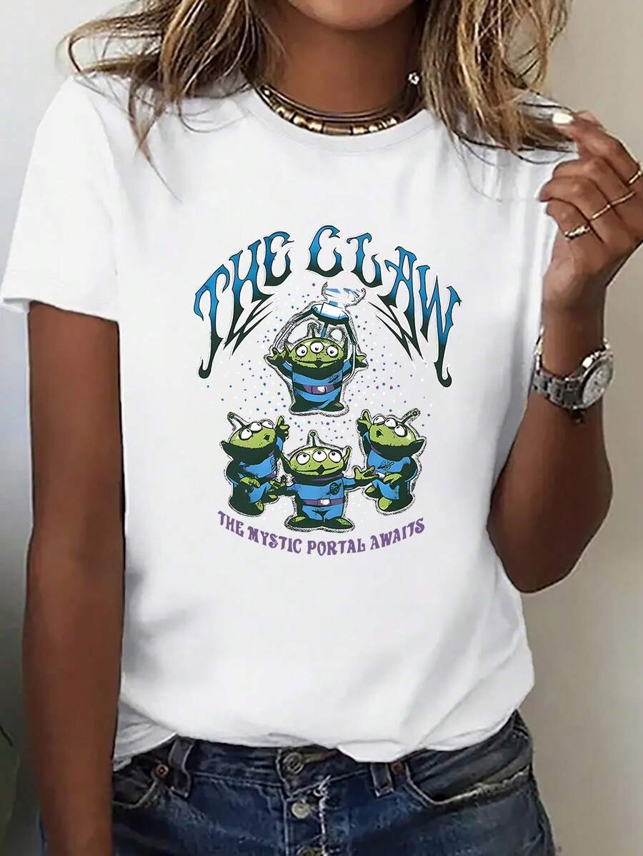 Disney Loose Fitting Toy Story Three Eyed Boy "THE CLAW THE MYSTICS PORTAL AWAITS" Printed T-Shirt, Suitable For Summer And Spring, Short Sleeved Tops, Women's Clothing, Holiday Gift Party Clothing. - 白色 - 查看 1