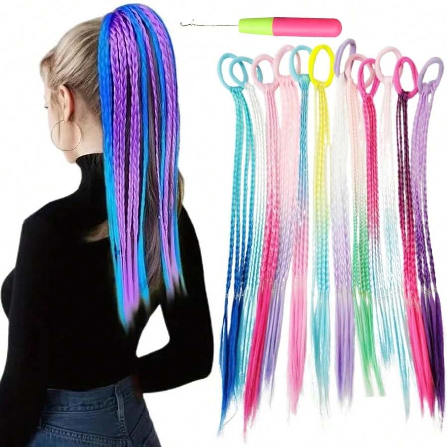 12 Piezas de Trenzas de Pelo Coloridas para Niñas, Extensiones de Pelo con Clip en Colores delíris, Extensiones de Pelo con Bandas Elásticas para Fiestas de Cumpleaños, Halloween, Navidad y Cosplay - 1 - Ver 1