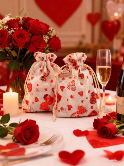 Túi quà hình trái tim tráng bạc, thích hợp cho đám cưới/Ngày Valentine/Ngày của Cha/Ngày của Mẹ, túi quà hình trái tim dành tặng người yêu, mẹ, bố, kỷ niệm, tỏ tình, quà nhỏ, túi vải cotton có dây rút đựng kẹo, quà tặng.