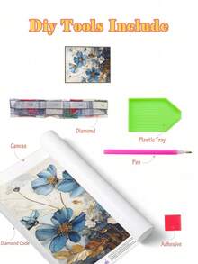 5D DIY 鑽石畫套裝，奢華藍色花卉搭配鍍金葉片與精緻花瓣細節，柔和中性背景配漸層藍色與溫暖金屬色調，馬賽克 DIY 牆面藝術 - 彩色 - 查看 3
