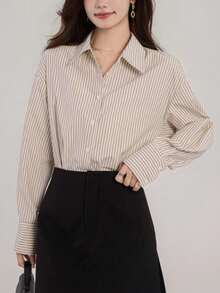 Women's Long Sleeve Striped Color Block Textured Office Shirt Spring - Apricot - View 2