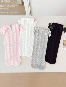 1 Pair/4 Pairs Kids Spring/Summer New Over-The-Knee Socks, School Style Knee-High Socks, Versatile Heart & Bow Design Girls Socks - Multicolor - View 2